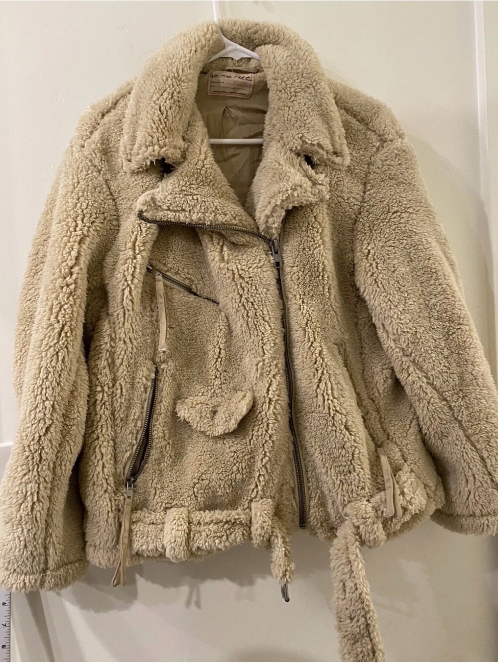 Free People So Cozy Sherpa Moto Jacket Adjustable Belt Hem Ivory Small